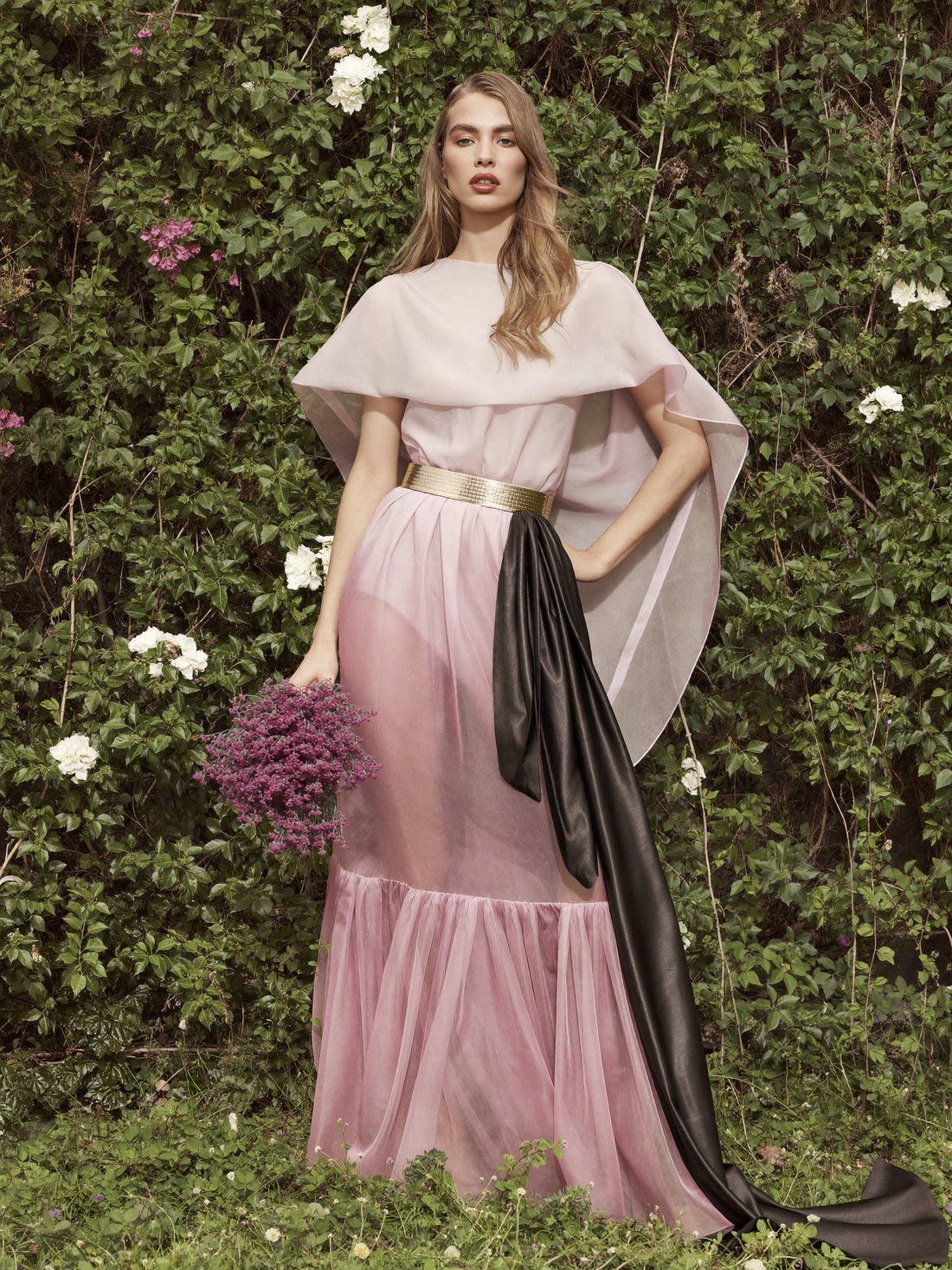 Blush silk gown among flowering bougainvillea, The Artifact Edit