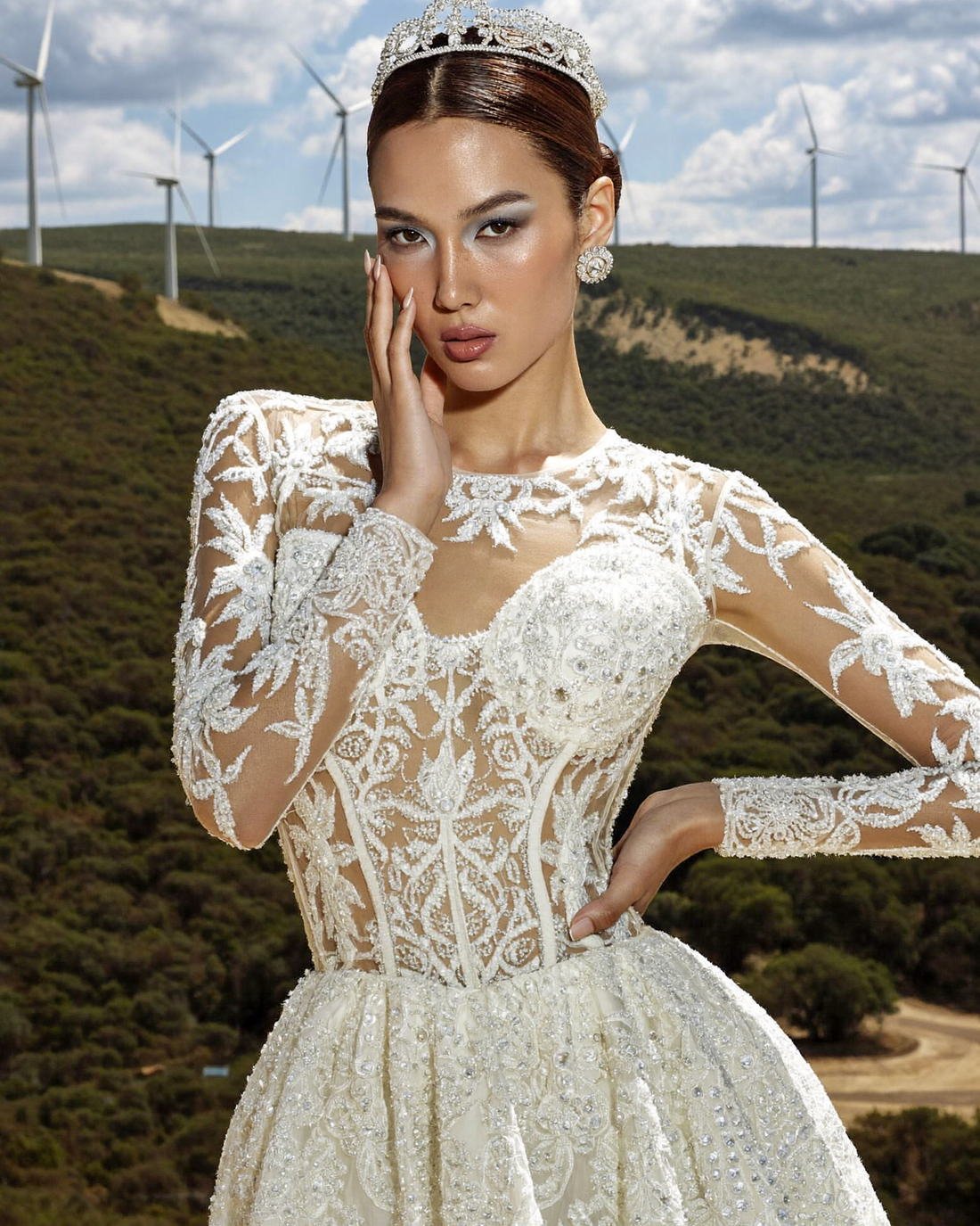 Lace bridal gown in open hill country, Grace Tailored