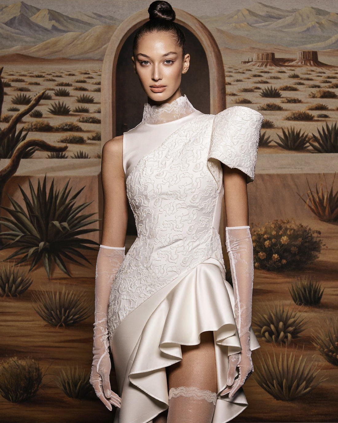 Structured peplum couture against a painted garden, The Golden Renaissance