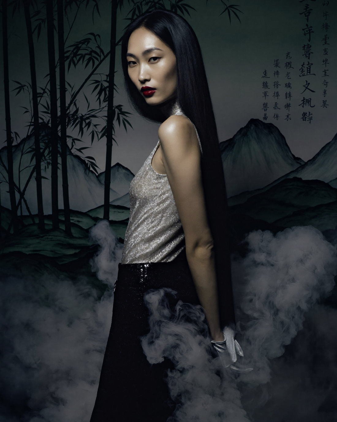 Editorial look against an ink-painted landscape, Hanami