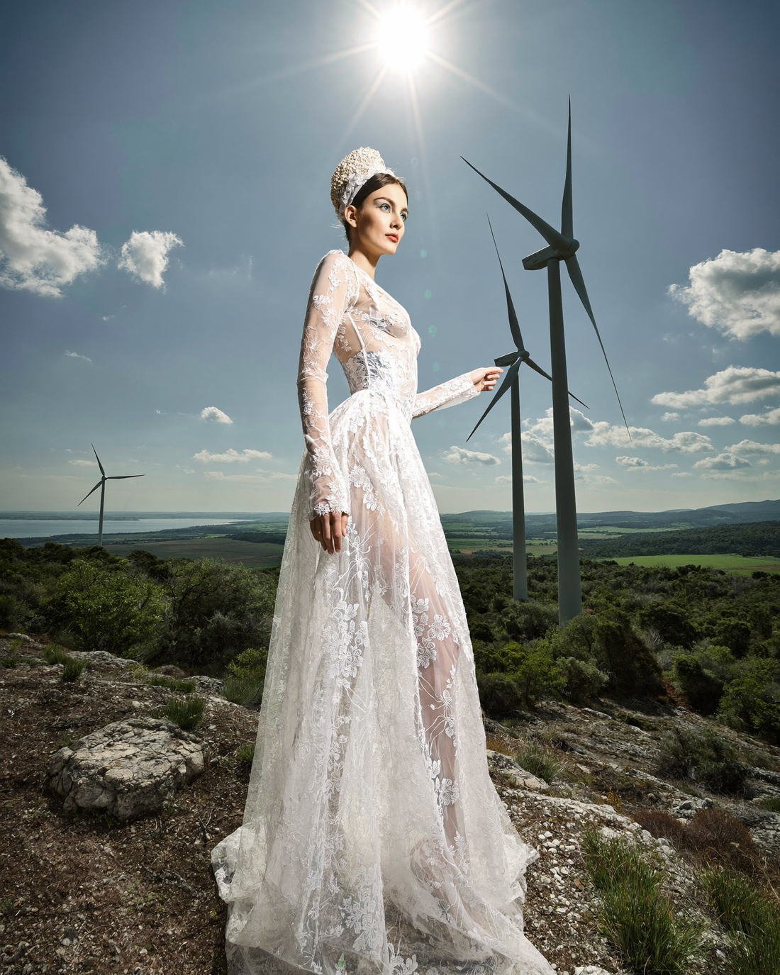 Bridal couture at midday in open country, Grace Tailored