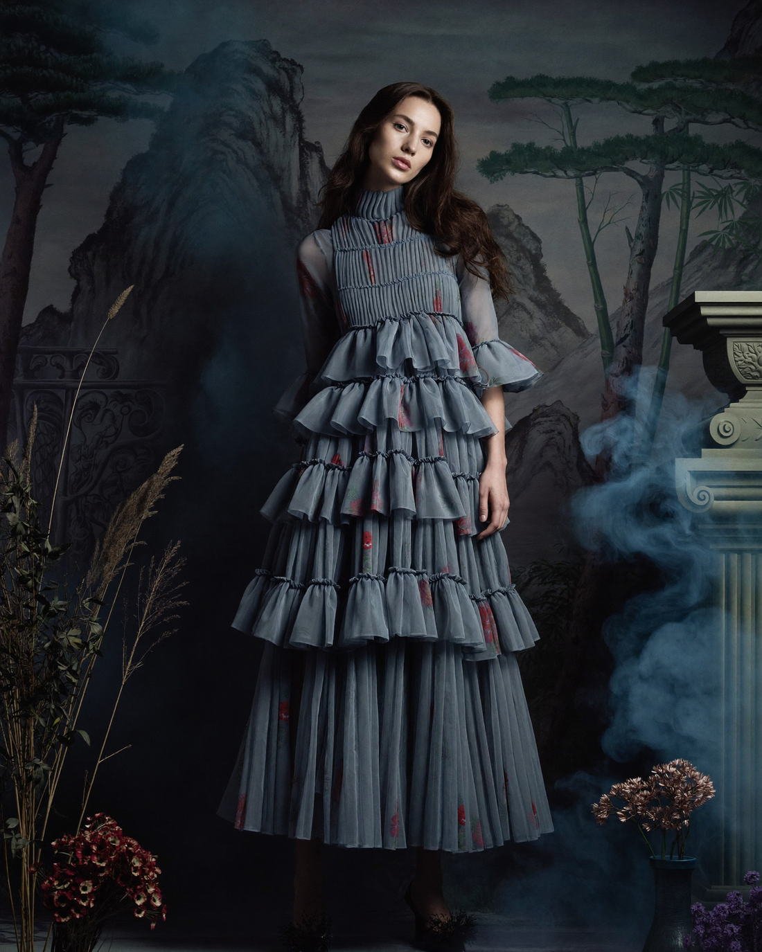 Tiered ruffle gown on a painted studio set, Hanami