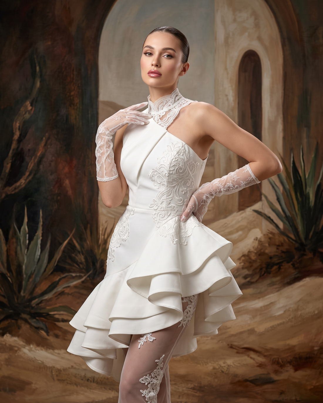 Lace-sleeved couture against a painted arch, The Golden Renaissance