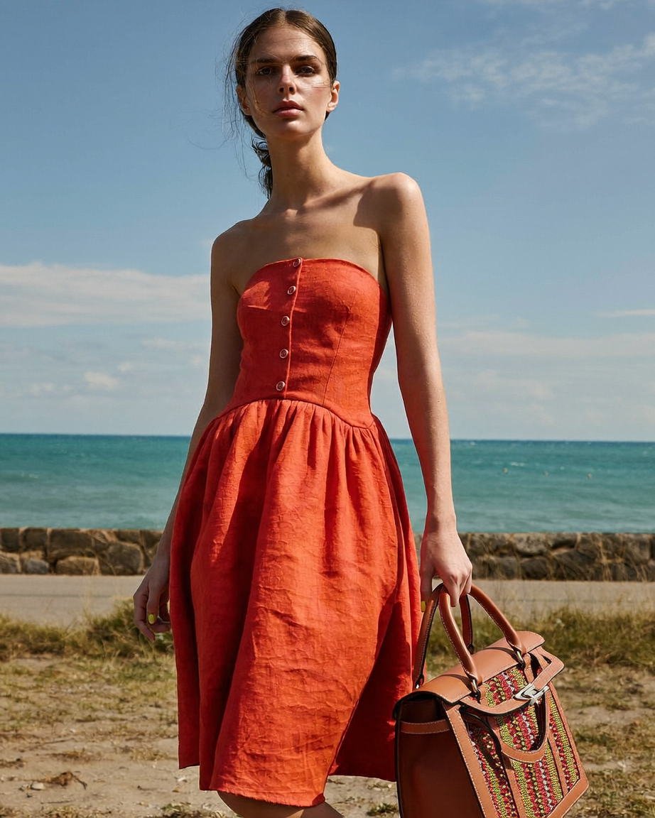 Red dress and leather bag photographed on the coast, Unearthed