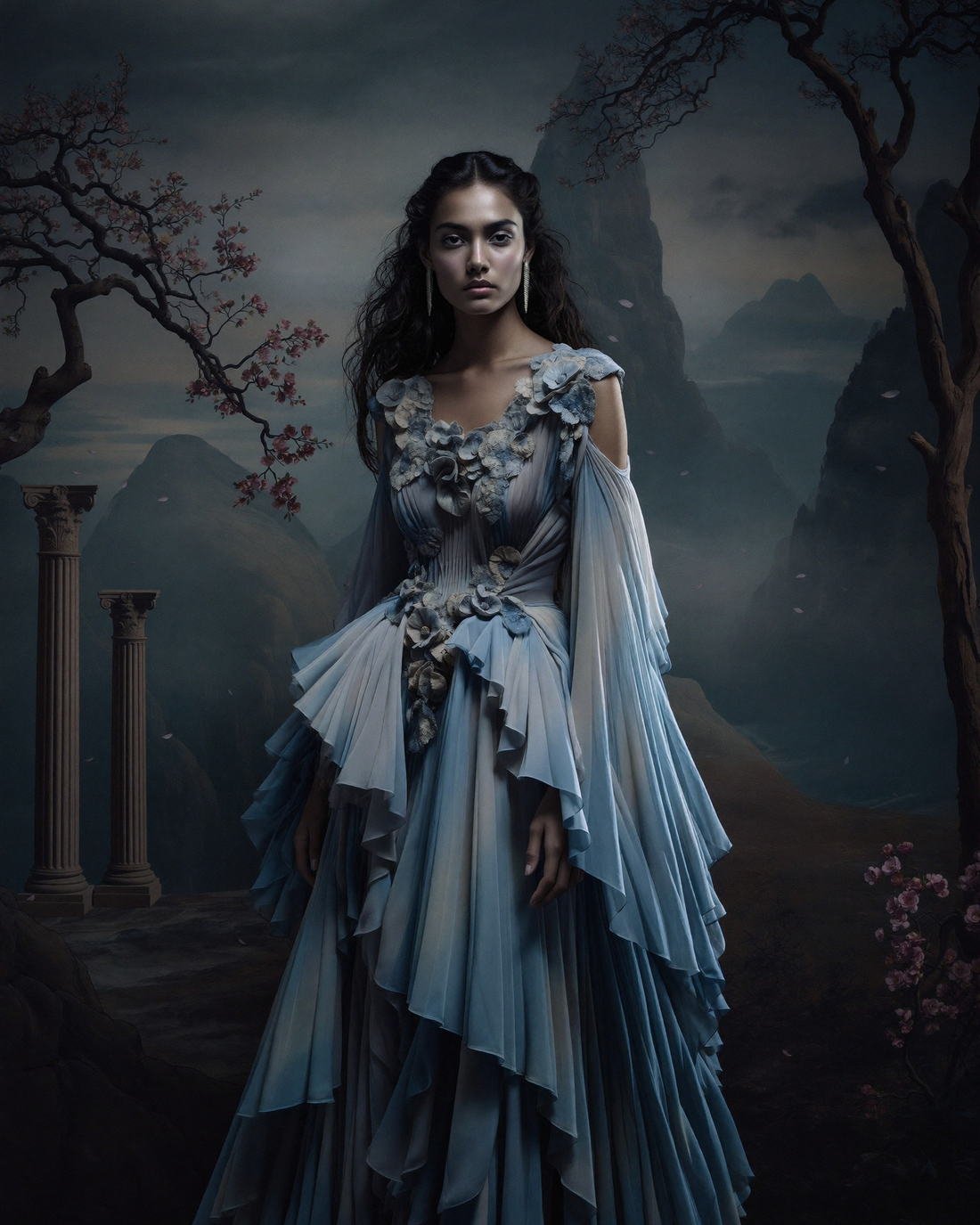 Ruffled sheer gown against an ink-painted landscape, Hanami