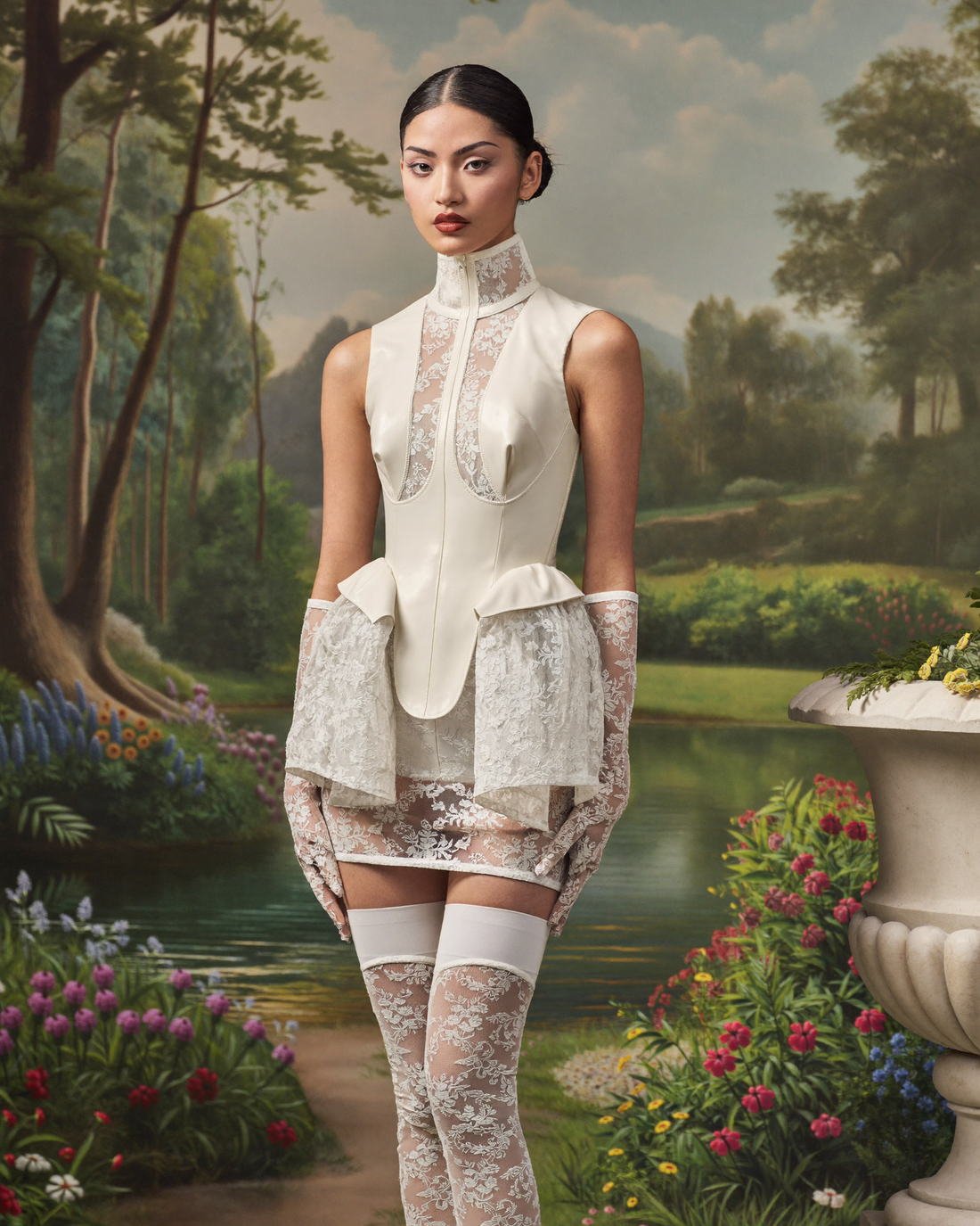 High-neck couture in a painted landscape set, The Golden Renaissance