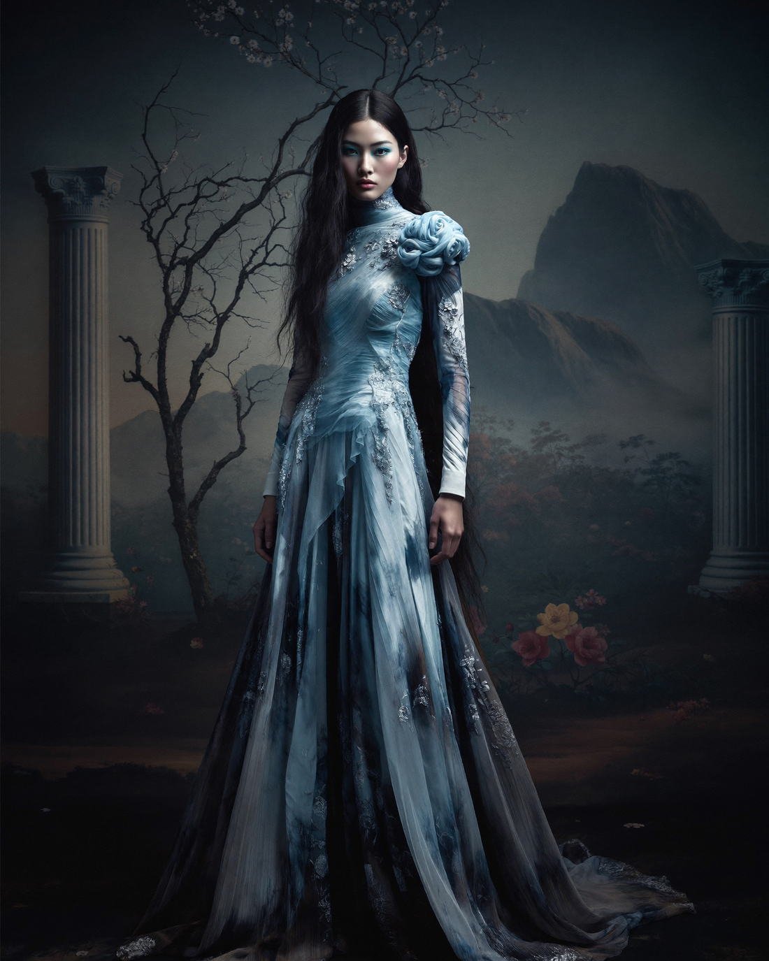 Blue draped gown against a painted mountain scene, Hanami