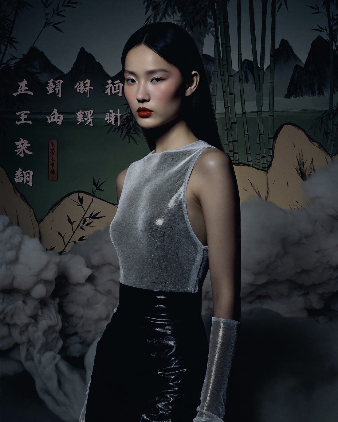 Sheer top and black skirt against painted calligraphy, Hanami