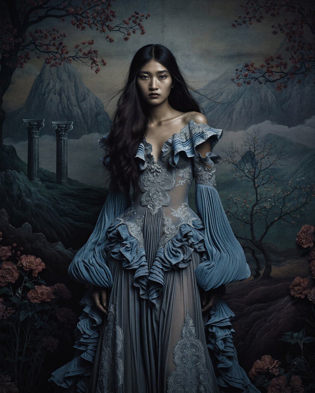 Layered chiffon gown against a painted mountain backdrop, Hanami