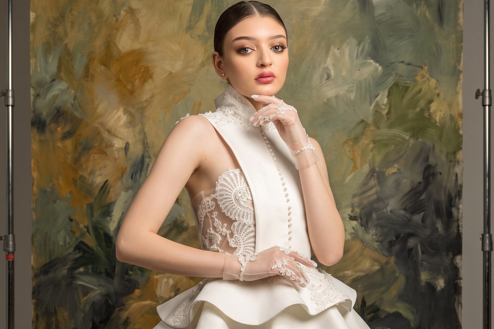 Wide painted-backdrop frame of a structured peplum look, The Golden Renaissance