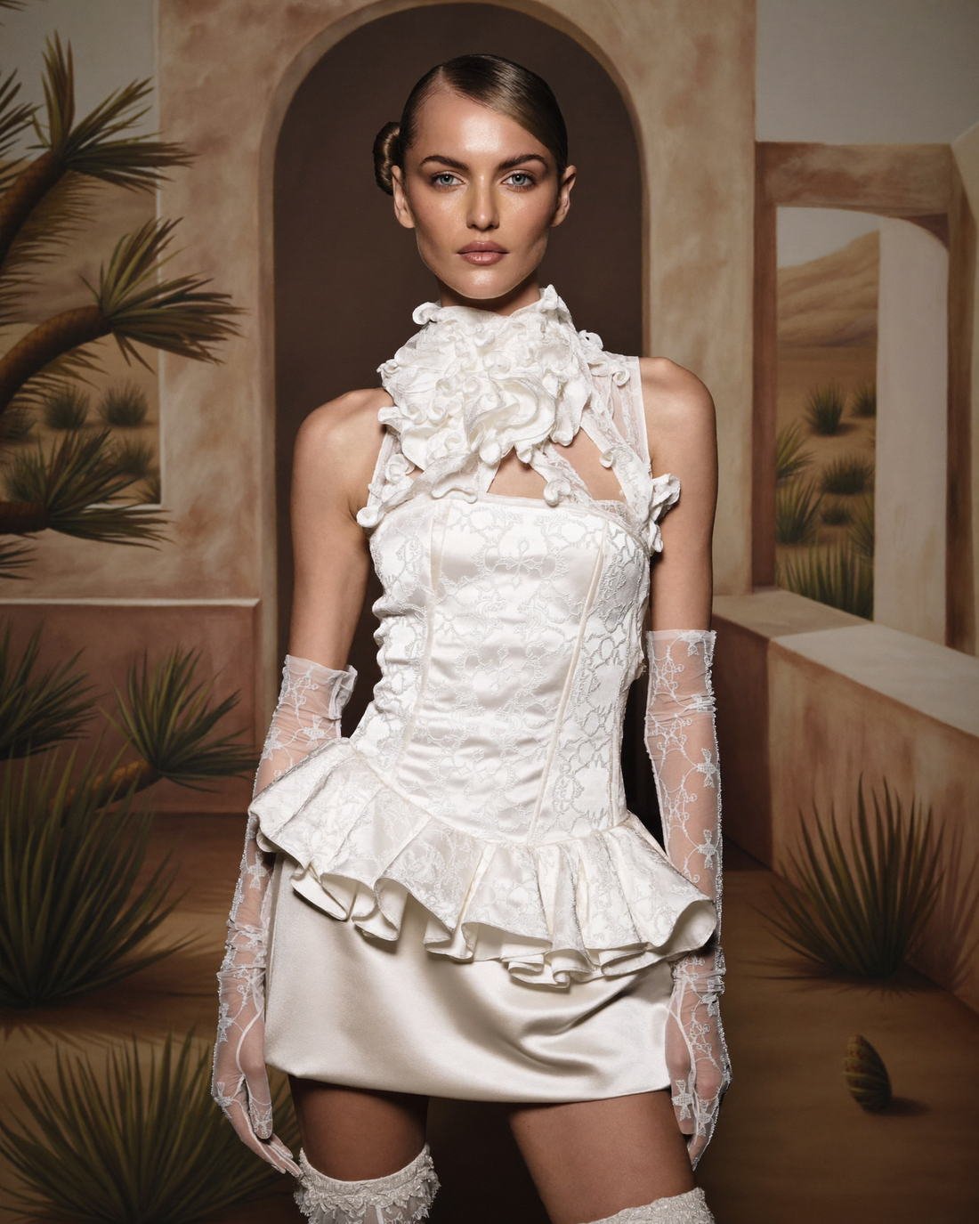Ruffled high collar against terracotta architecture, The Golden Renaissance