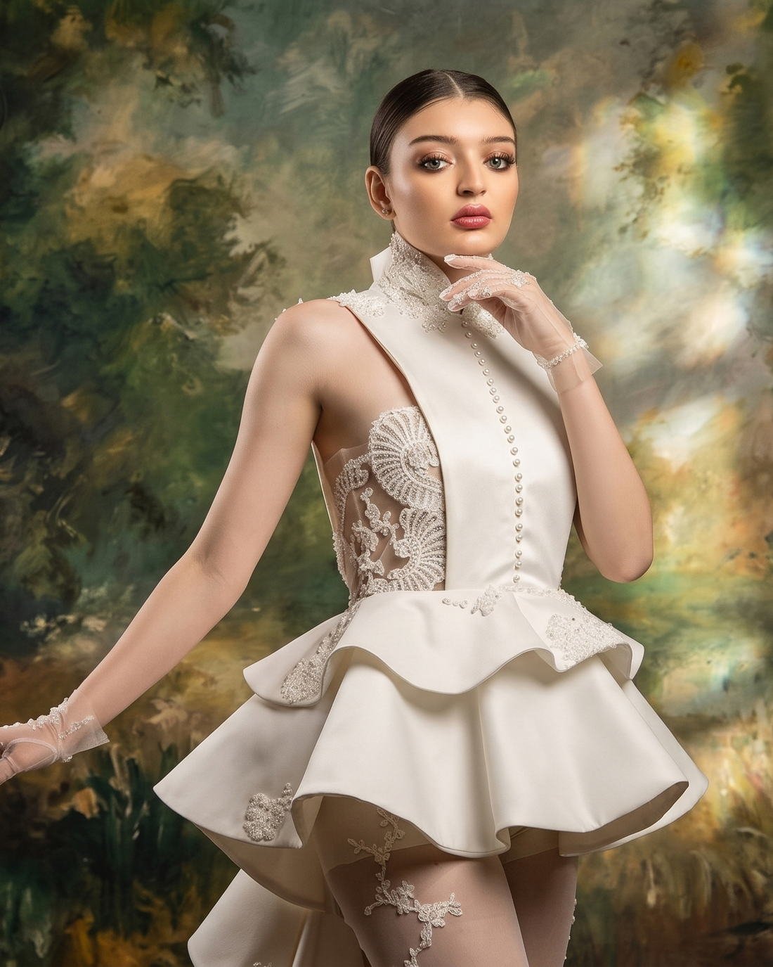Couture photographed on a hand-painted studio set, The Golden Renaissance