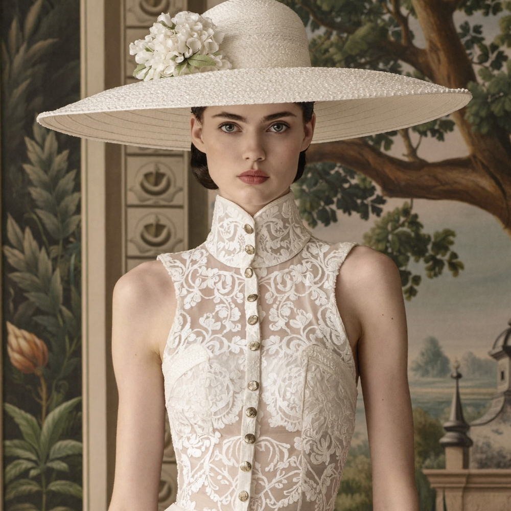 Wide-brim hat and high-collar couture, The Golden Renaissance