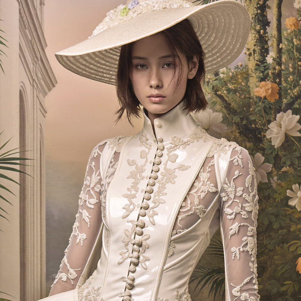 Corseted high-neck couture with lace sleeves, The Golden Renaissance