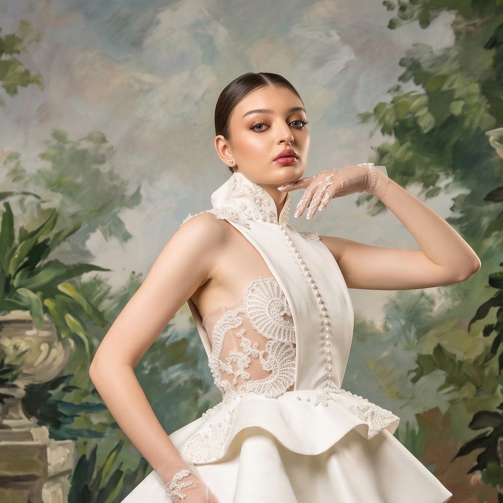 High-collar couture against a painted garden, The Golden Renaissance