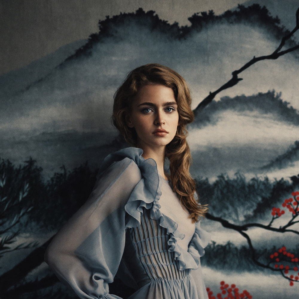 Beauty against a painted mountain backdrop, Hanami