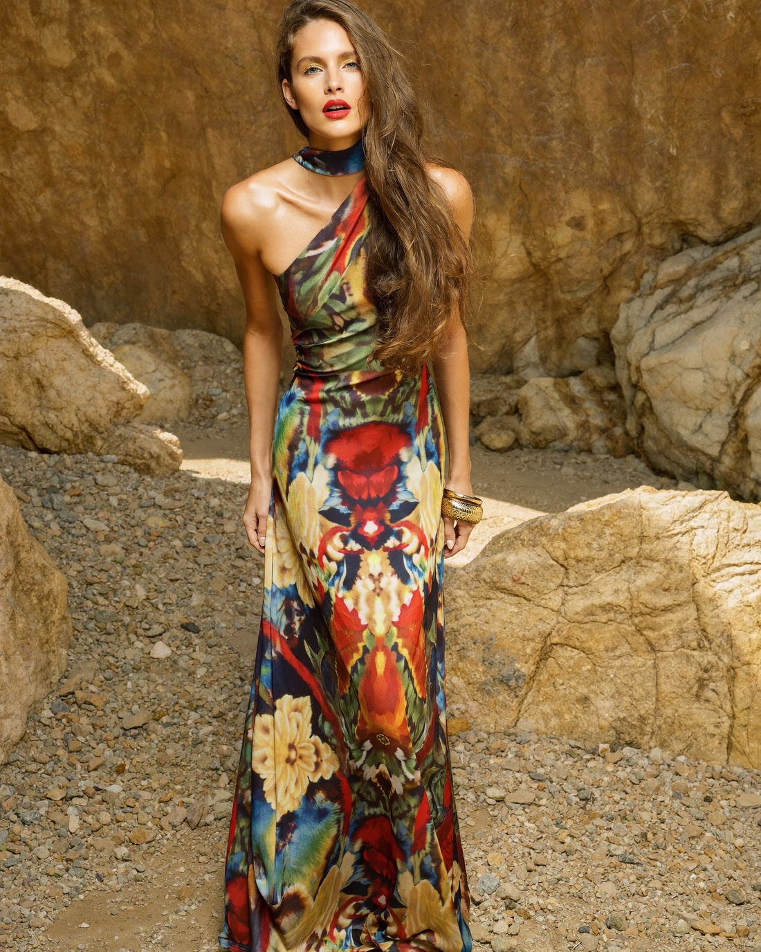 One-shoulder printed maxi dress against sandstone, Leaf Me Here