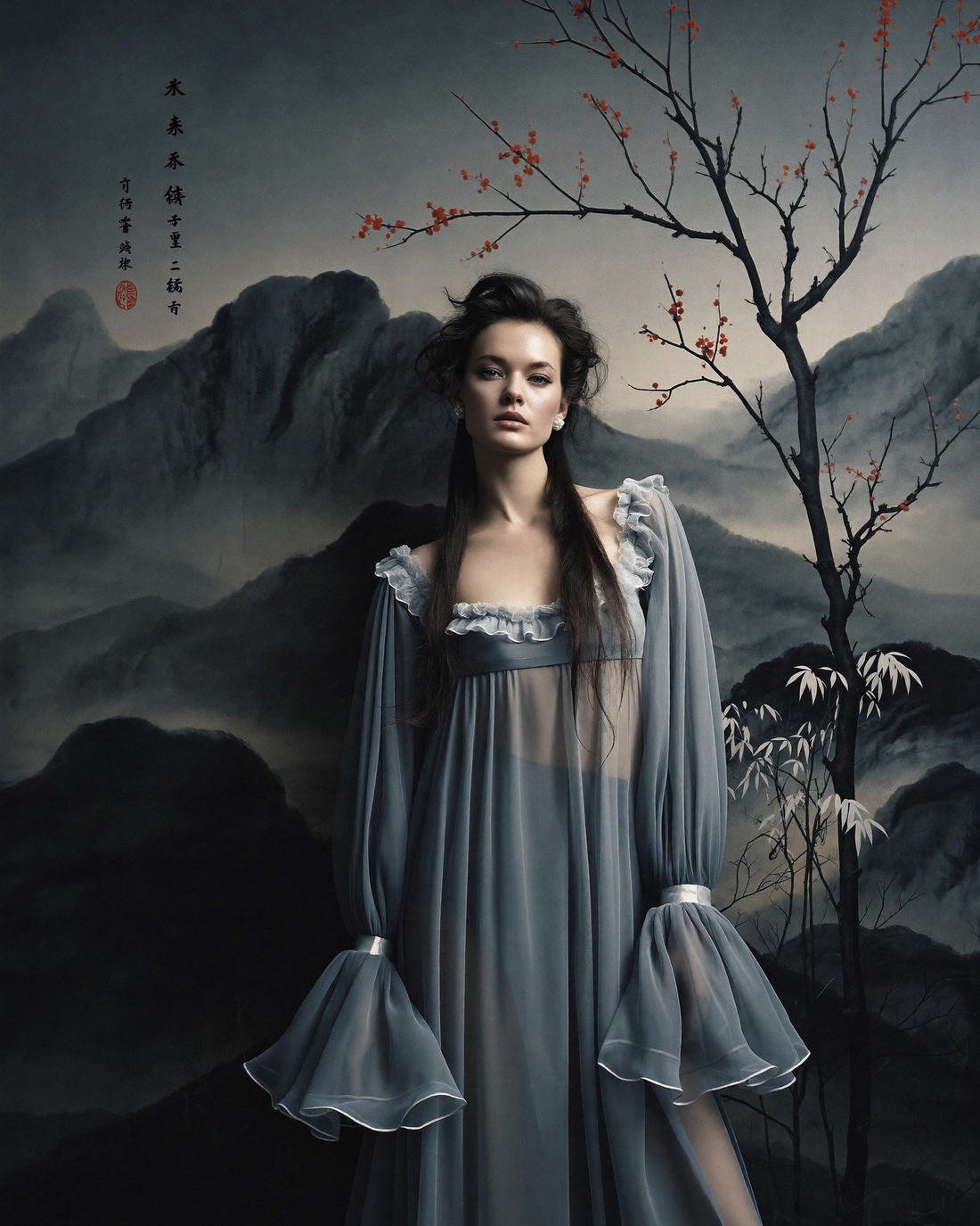 Chiffon gown against a painted mountain backdrop, Hanami