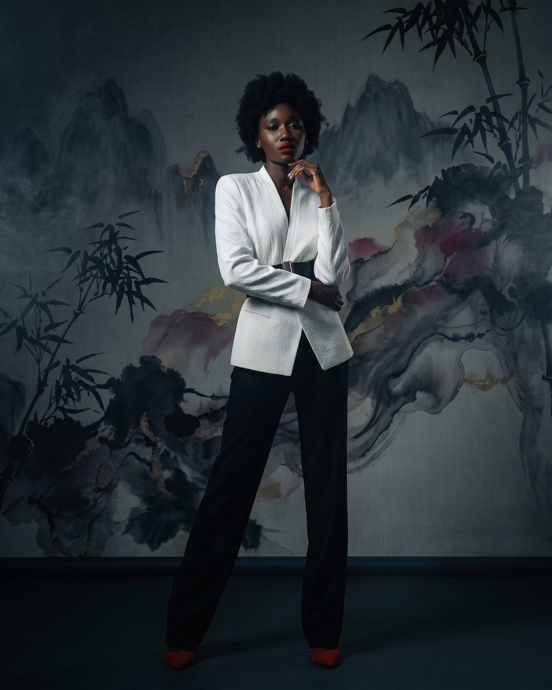 Tailored white blazer against a painted bamboo backdrop, Hanami