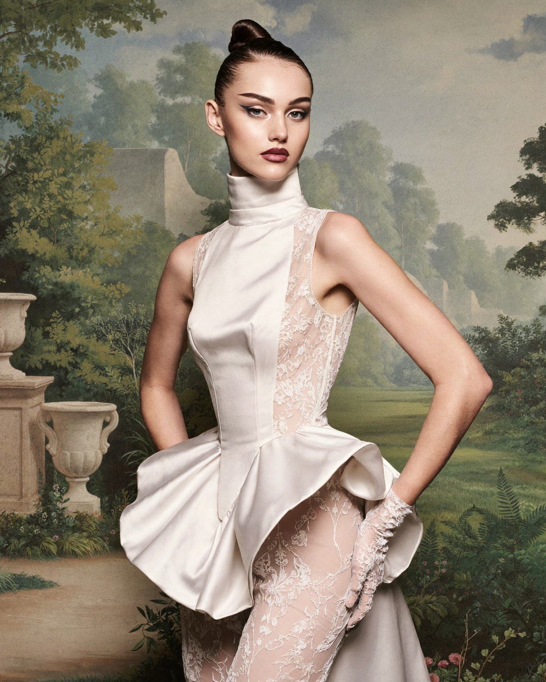 Couture against a painted landscape backdrop, The Golden Renaissance