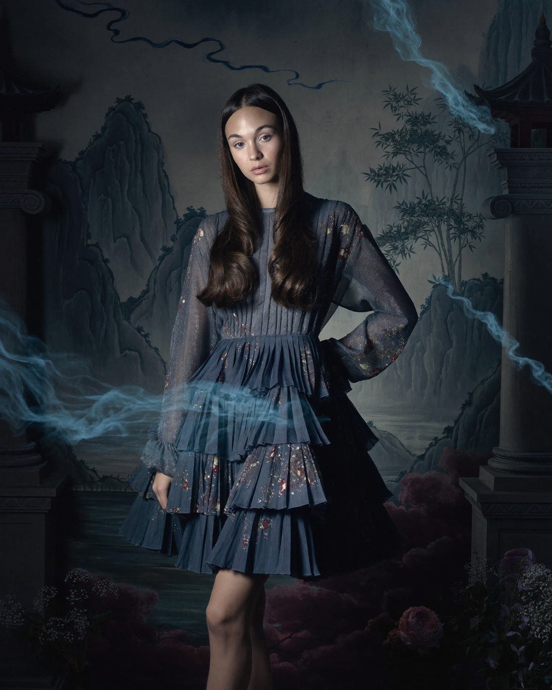 Pleated ruffle gown on a painted set, Hanami