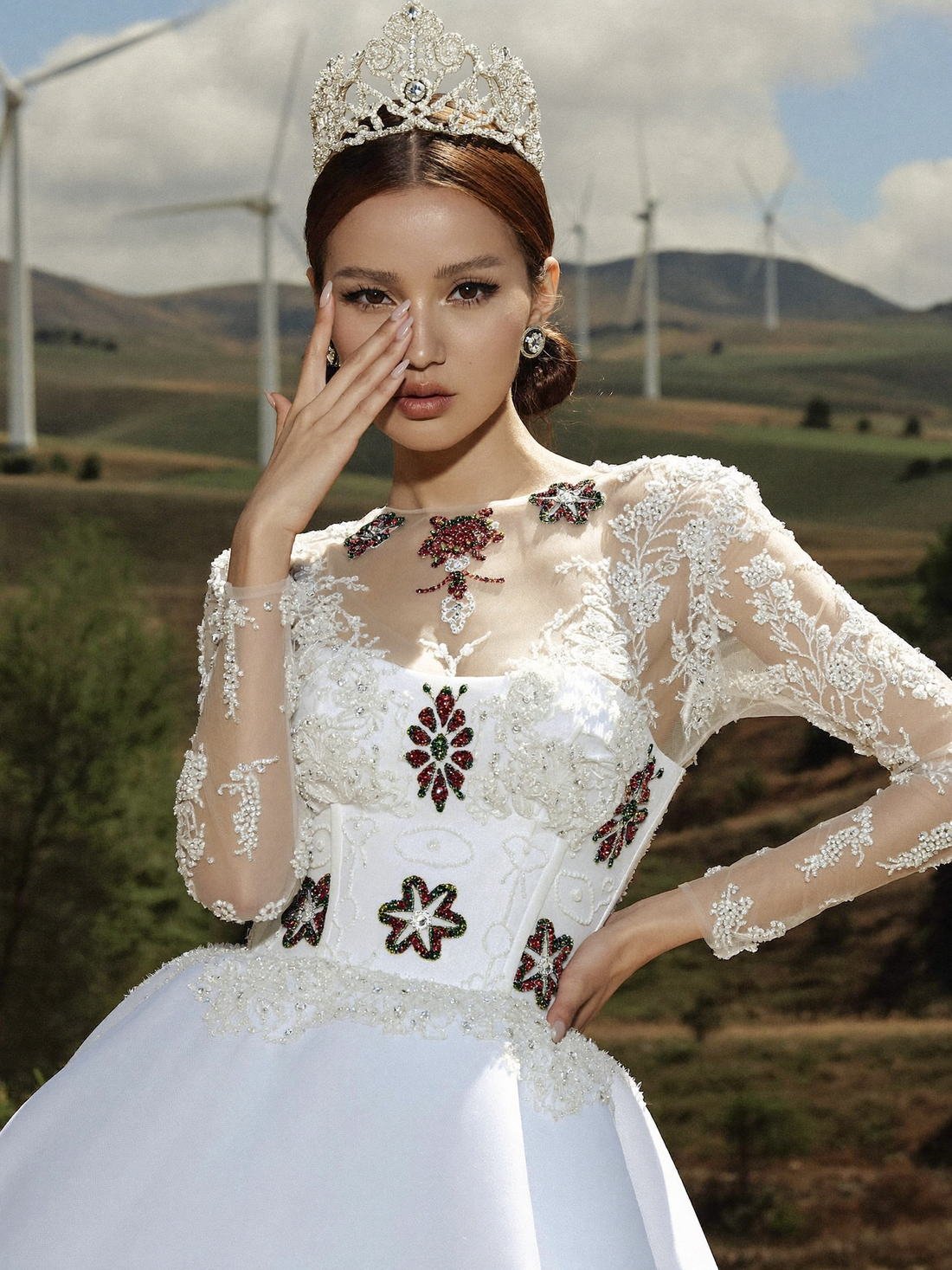 Bridal portrait with crown and embroidered bodice, Grace Tailored