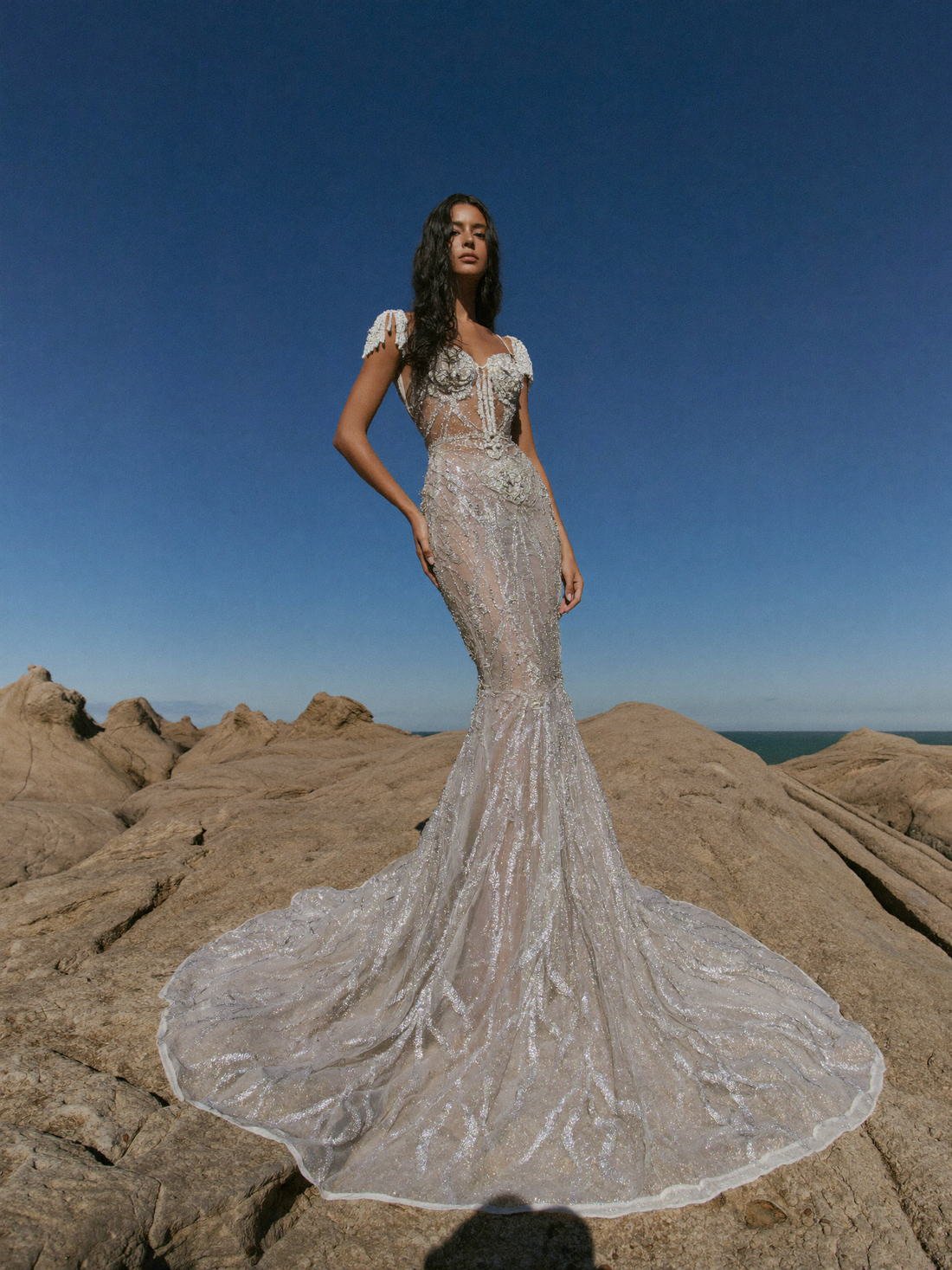 Beaded bridal gown with sweeping train, The Atelier Muse