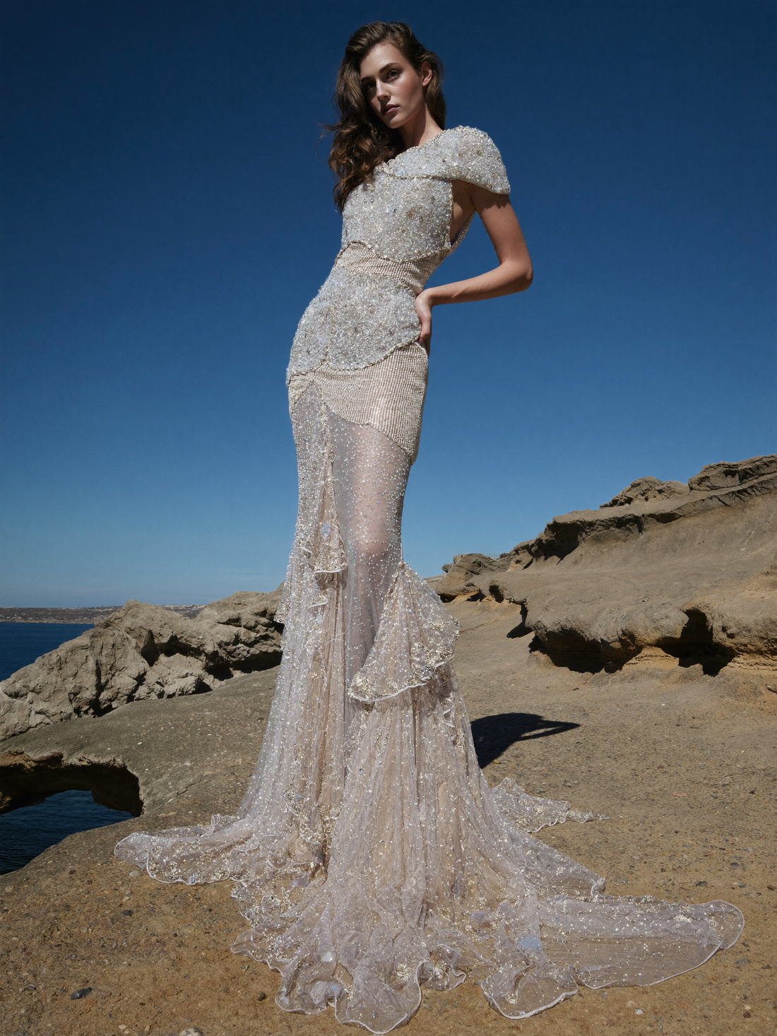 Long-sleeved beaded bridal gown by the sea, The Atelier Muse