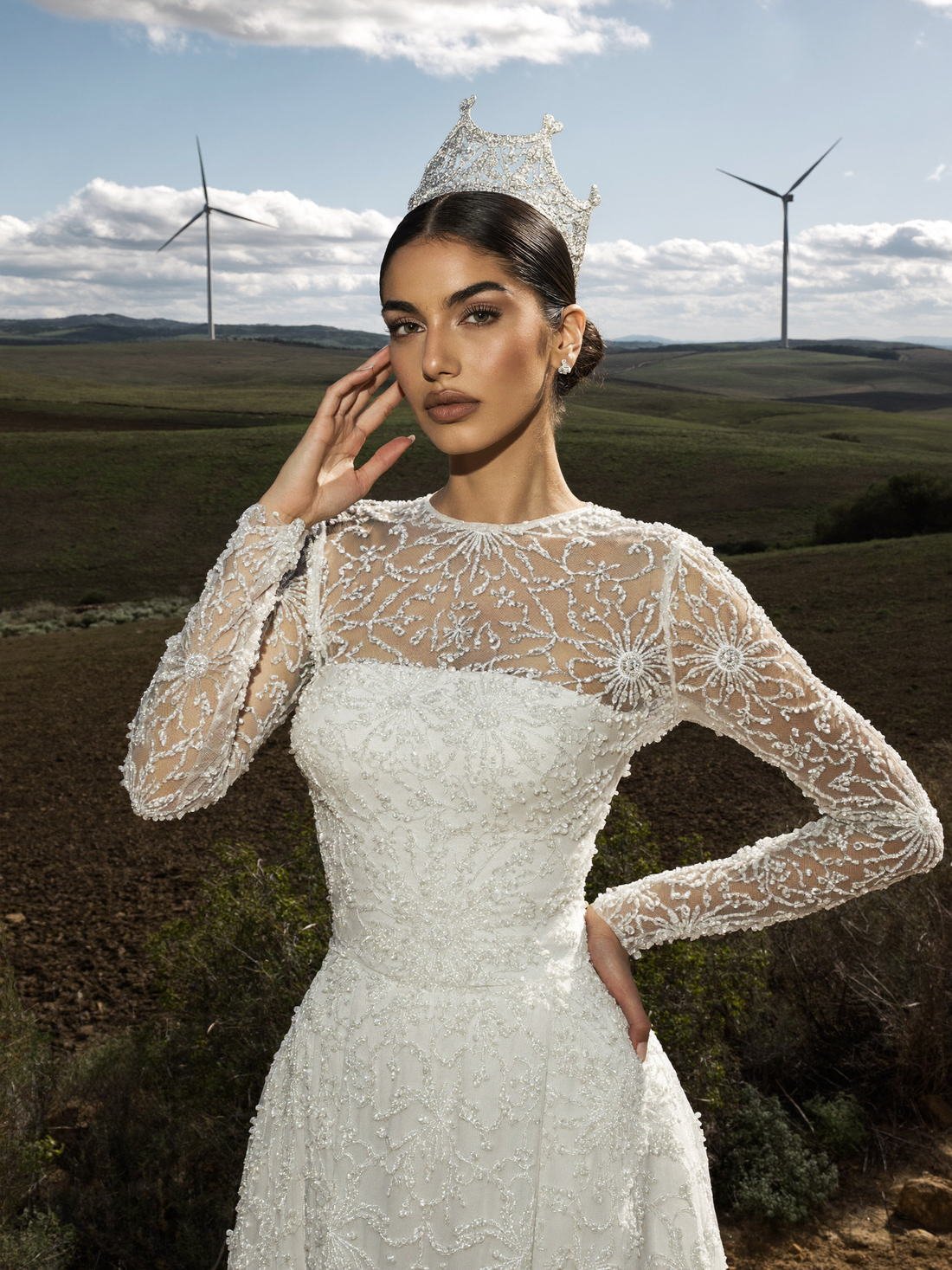 Bridal couture with lace sleeves and crown, Grace Tailored