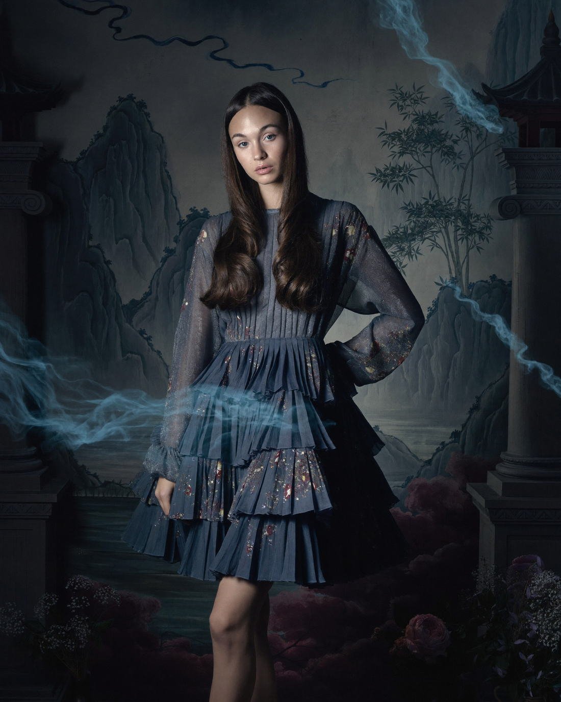 Layered ruffle construction against a painted backdrop, Hanami