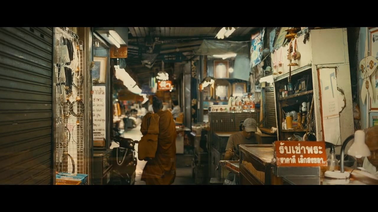 Old Bangkok shophouse interior with hanging goods, poster frame from the Bangkok travel film