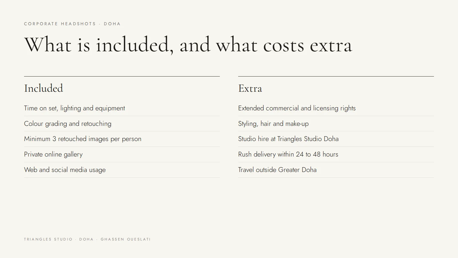 Corporate headshot prices in Doha: what is included in a session and what costs extra