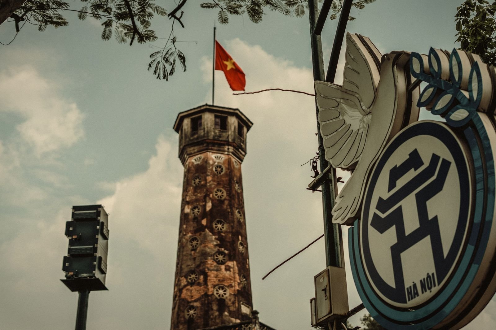 The Hanoi Flag Tower with a red flag