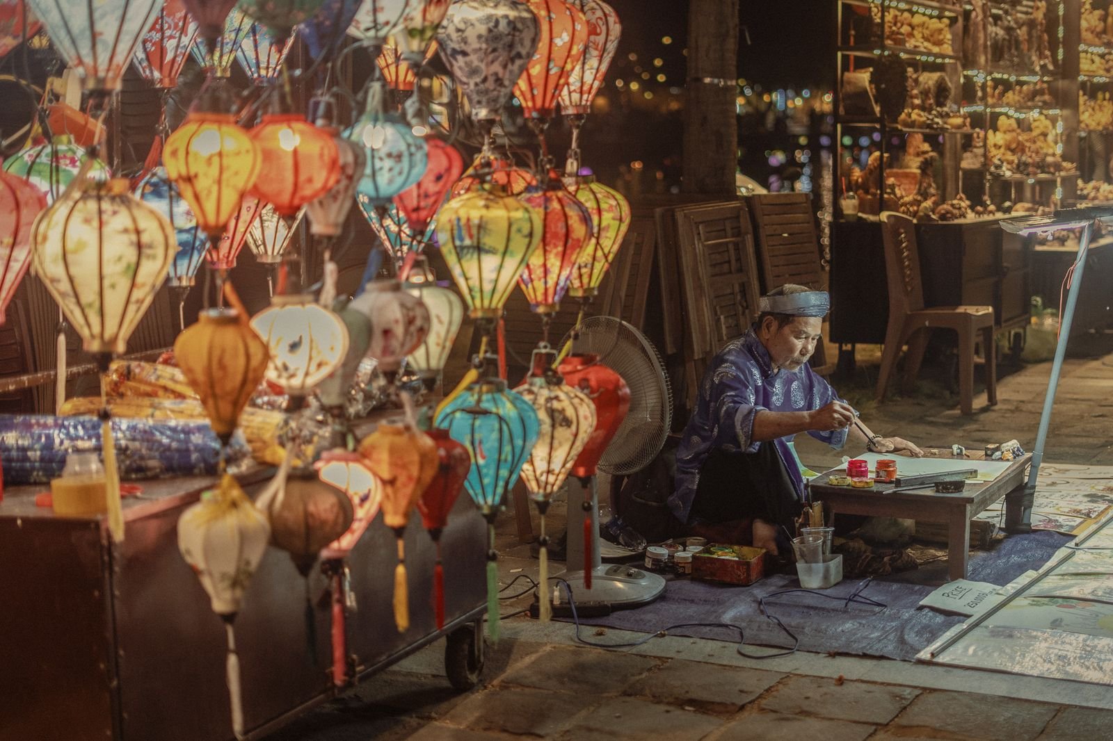 Rows of silk lanterns in a Hoi An lantern shop at night