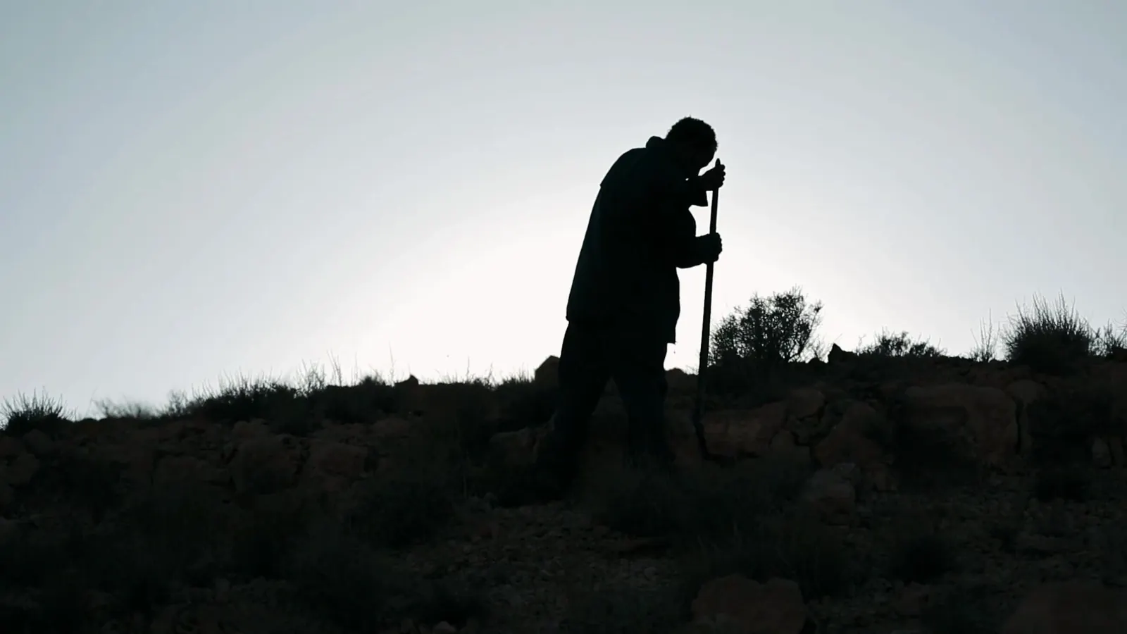 Decent Work, Up Close: ILO Documentary Films 9 Silhouette of a man leaning on a tool on a hilltop against a pale sky