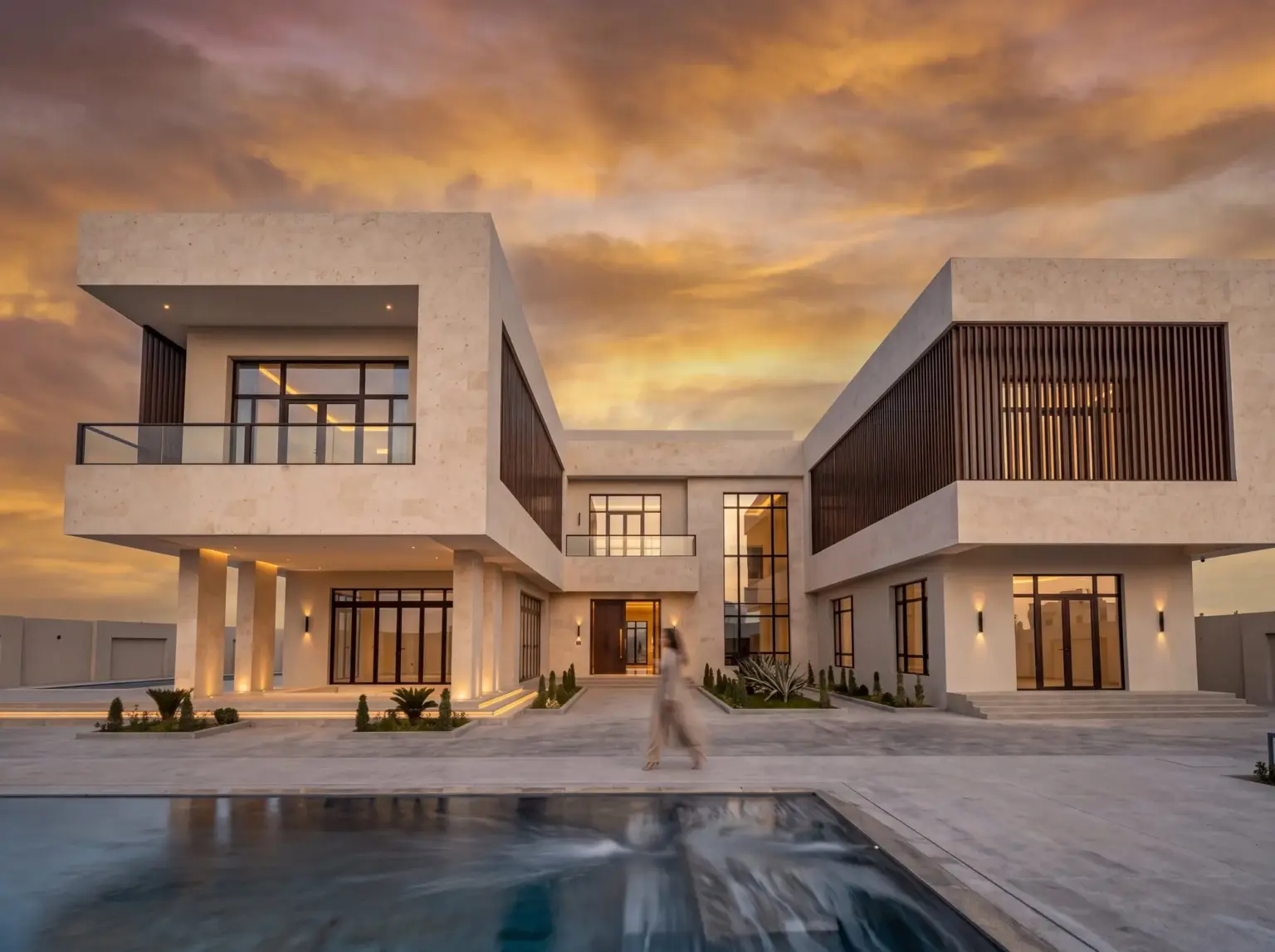 Contemporary stone villa and pool at dusk