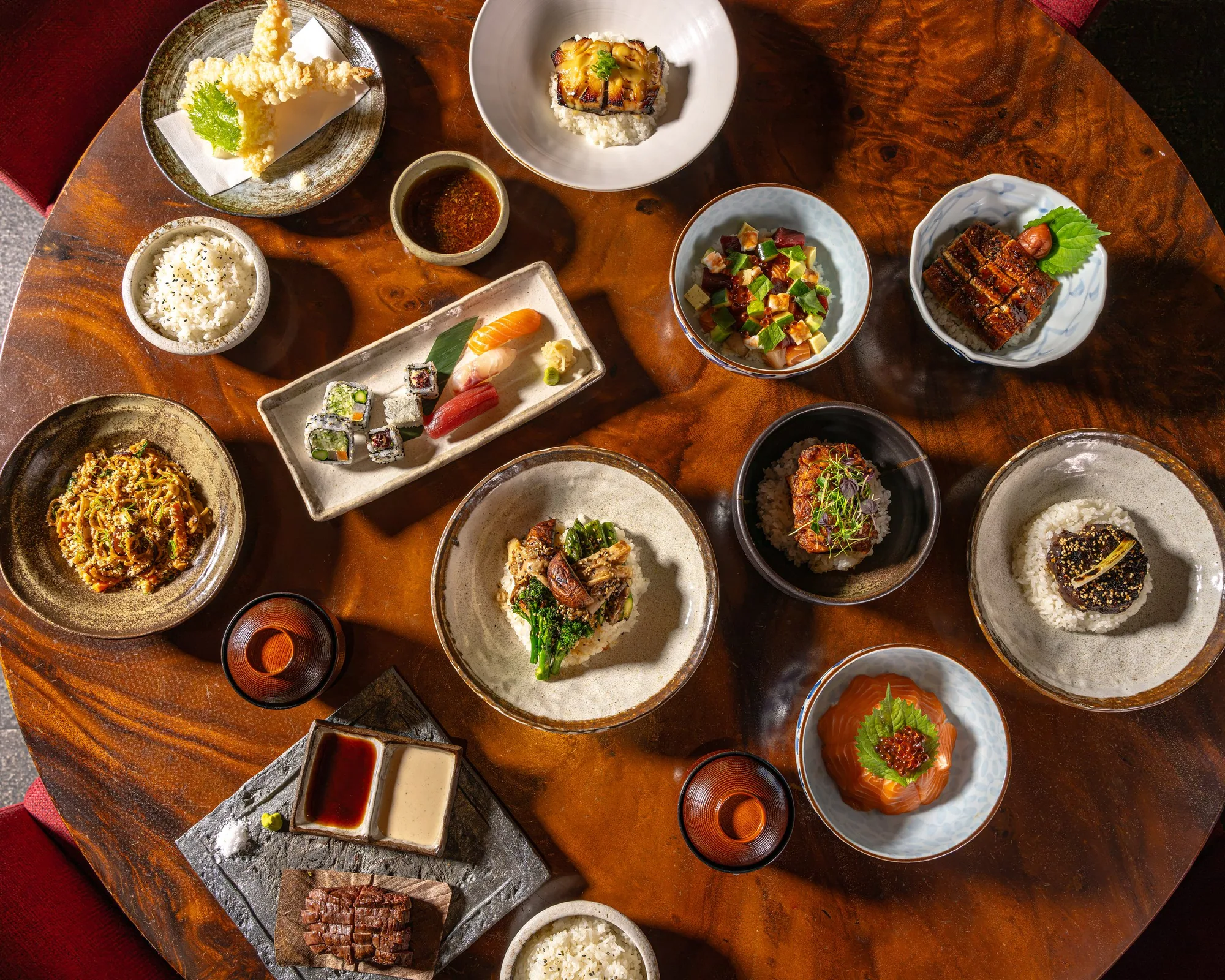 Ebisu Lunch table at Zuma Doha photographed from above in bright daylight